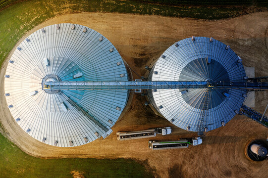 An aerial view of silos on the cornfield was used to store grain.