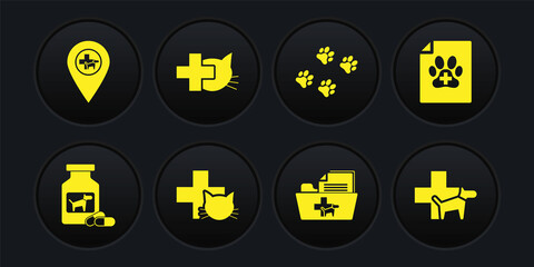 Set Dog medicine bottle and pills, Medical certificate for dog or cat, Veterinary clinic, veterinary record folder, Paw print and icon. Vector