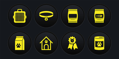 Set Bag of food for pet, cat, Dog house and paw print, award symbol, and Collar with name tag icon. Vector