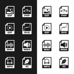 Set SVG file document, GIF, , PHP, WAV and WMA icon. Vector