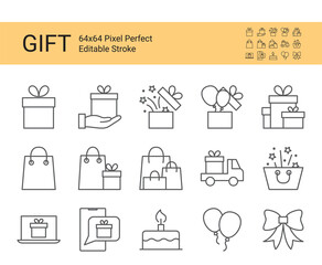 Icon set of gift box and package with purchases. Editable vector stroke.