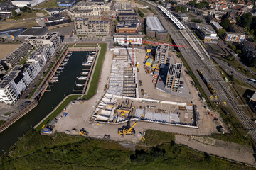 Aerial industrial view of building plot. Housing and urban management.