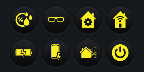 Set Battery, Smart home with wi-fi, Mobile charging battery, settings, Glasses, Power button and Humidity icon. Vector