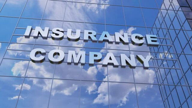 Insurance corporation building with glass windows and sky reflections. Sign Insurance Company on the facade of the office building. Risk prevention and compensation of financial claims organization.