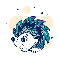 Vector illustration of cute hedgehog on blue background. Greeting card. Print design for kids. Here I am.