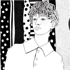Young man with curly hair. Boy teenager. Adult coloring book page in zentangle style. Black and white. Doodle. Vector. line art.
