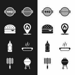 Set Location with fire flame, Burger, Barbecue grill, Mustard bottle, Hotdog sandwich, and steel grid icon. Vector