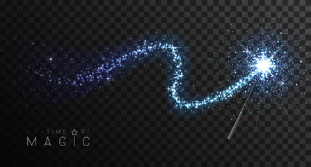 Magic wand with blue glowing shiny trail.  Isolated on black transparent background. Vector illustration © annbozhko