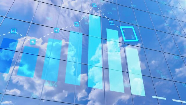 Business statement report and growth financial chart on the office building windows. Projection of yearly annual report and increase sales curve of the marketing trading graphic on company skyscraper.