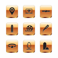 Set Location with heart, Silicone ball gag, Anal plug, Film reel Sex, Dildo vibrator, Condoms safe sex and Laptop 18 plus content icon. Vector