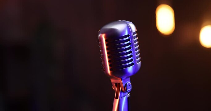 Audio podcast studio, audio microphone. Voice record on media studio for broadcasting sound. Podcasting mic speech or interview. Host speaker live host with headphones vocal recording.