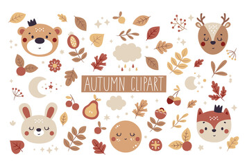 Cute vector boho autumn baby set with animals: bear, hare, deer, fox and leaves, berries, acorns, pear, cloud, moon, stars, bubbles