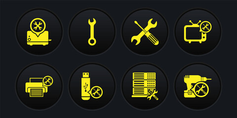 Set Printer service, Tv, USB flash drive, Database server, Crossed screwdriver and wrench, Wrench, Drill machine and Toaster icon. Vector