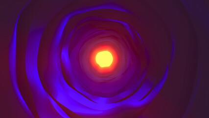 3D round purple-blue shining tunnel. An orange shining light in the end.