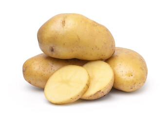 raw potatoes and slices isolated on white background, with clipping path.