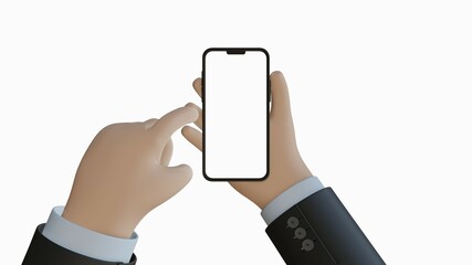 Dark white cartoon hand in jacket holding a smartphone in vertical position. Isolated hand and smartphone with white background.