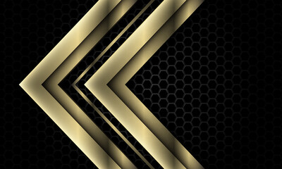 Abstract gold grey arrow direction geometric overlap on dark metallic hexagon mesh pattern design modern luxury futuristic background vector