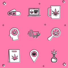 Set Medical pills with marijuana, Online buying, Cup tea, Head profile, Shopping cart, Magnifying glass and, bag and Location icon. Vector