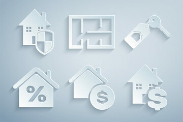 Set House with dollar, key, percant, plan and under protection icon. Vector