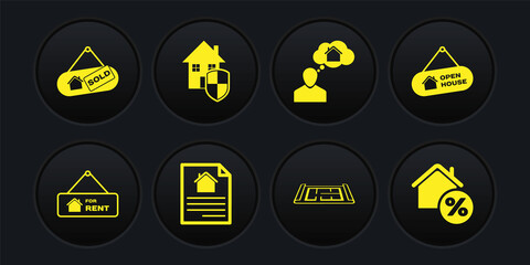 Set Hanging sign with For Rent, Open house, House contract, plan, Man dreaming about buying, under protection, percant and Sold icon. Vector