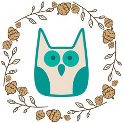 Green-blue simple drawing owl with frame cones and branches isolated pattern