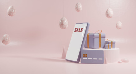 Easter sale concept banner. Buying presents online. 3d render