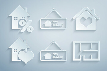 Set Hanging sign with For Sale, House heart shape, plan, Rent and percant icon. Vector