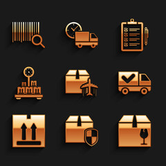 Set Plane and cardboard box, Delivery security shield, with fragile content, truck check mark, Cardboard traffic, Scale, Verification of delivery list and Search barcode icon. Vector