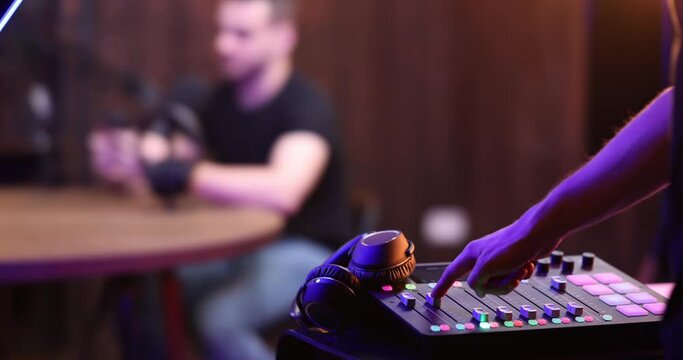 Podcast recording, audio microphone. Voice record on media studio for broadcasting sound. Podcasting mic speech or interview. Host speaker live host with headphones vocal recording