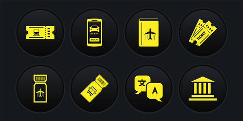 Set Airline ticket, Ticket, Bus, Translator, Cover book travel guide, Online car sharing, Museum building and Train icon. Vector