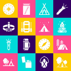 Set Tourist tent with flag, Campfire, Rafting boat, Head flashlight, Compass and icon. Vector