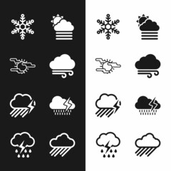 Set Windy weather, Fog and sun, Snowflake, cloud with, Cloud rain lightning and icon. Vector