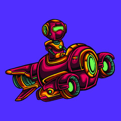 Red robot riding flying spaceship