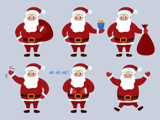 Cute Santa Claus isolated. Vector set. Santa with bag and gift, waves hand, shows like gesture and jumps. Collection of Christmas character