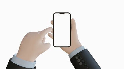 White cartoon hand in jacket holding a smartphone in vertical position. Isolated hand and smartphone with white background.