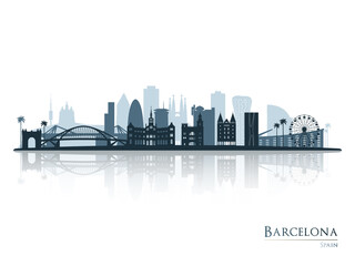 Barcelona skyline silhouette with reflection. Landscape Barcelona, Spain. Vector illustration. - obrazy, fototapety, plakaty
