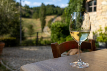 Close up shot of a glass of white wine resting on an outdoor table in the garden of an ancient stone country house in Italy. Selective focus, blurry background.