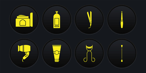 Set Hair dryer, Nail file, Lotion cosmetic tube, Eyelash curler, Curling iron, Bottle of shampoo, Cotton swab for ears and Cream icon. Vector