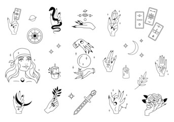 Celestial, mysterious minimalistic set with a fortune teller or clairvoyant. Women's hands with magic symbols, palmistry, astrology, tarot and crystal ball divination. Vector stock illustration.