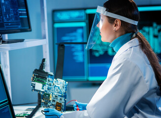 Workplace of young woman in modern microelectronics manufacturing lab. Engineer works in a modern...