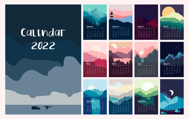 Calendar 2022. Beautiful minimalist landscape. Vector illustrations.