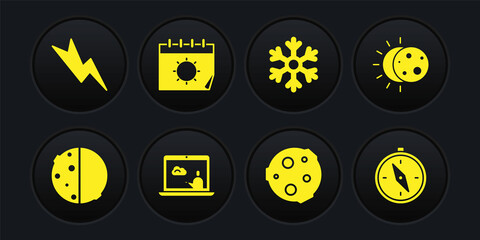 Set Eclipse of the sun, Weather forecast, Moon, Snowflake, Calendar and, Compass and Lightning bolt icon. Vector