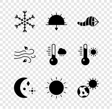 Set Snowflake, Sunset, Cone meteorology windsock wind vane, Moon and stars, Earth globe sun, Wind and Meteorology thermometer icon. Vector
