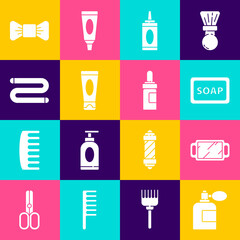 Set Aftershave bottle with atomizer, Hand mirror, Bar of soap foam, Bottle shampoo, Cream lotion cosmetic tube, Towel, Bow tie and Beard mustaches care oil icon. Vector