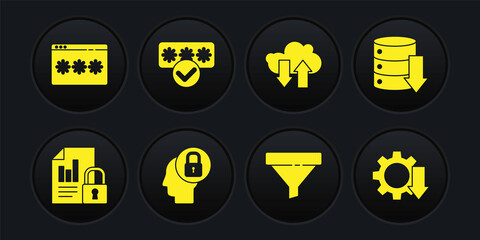 Set Document and lock, Server, Data, Web Hosting, Human head with, Sales funnel, Cloud download upload, Password protection, Cost reduction and icon. Vector