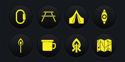 Set Burning match with fire, Kayak or canoe, Camping metal mug, Campfire, Tourist tent, Picnic table benches, Location of the forest on map and Carabiner icon. Vector
