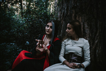 girl in a historical dress in a coniferous forest