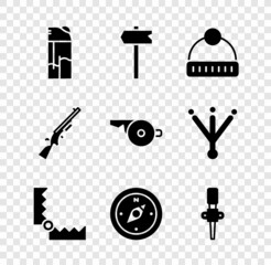Set Lighter, Road traffic sign, Winter hat, Trap hunting, Compass, Torch flame, Shotgun and Whistle icon. Vector