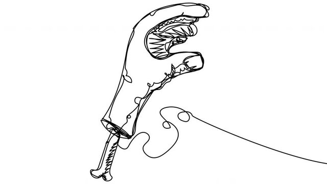 Animation of a zombie hand in one line on a white background. Whiteboard Halloween holiday. Motion element with fingers and open palm. Self-drawing of a severed limb.