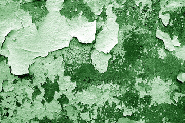 Сement wall with peeling paint and plaster in green tone.